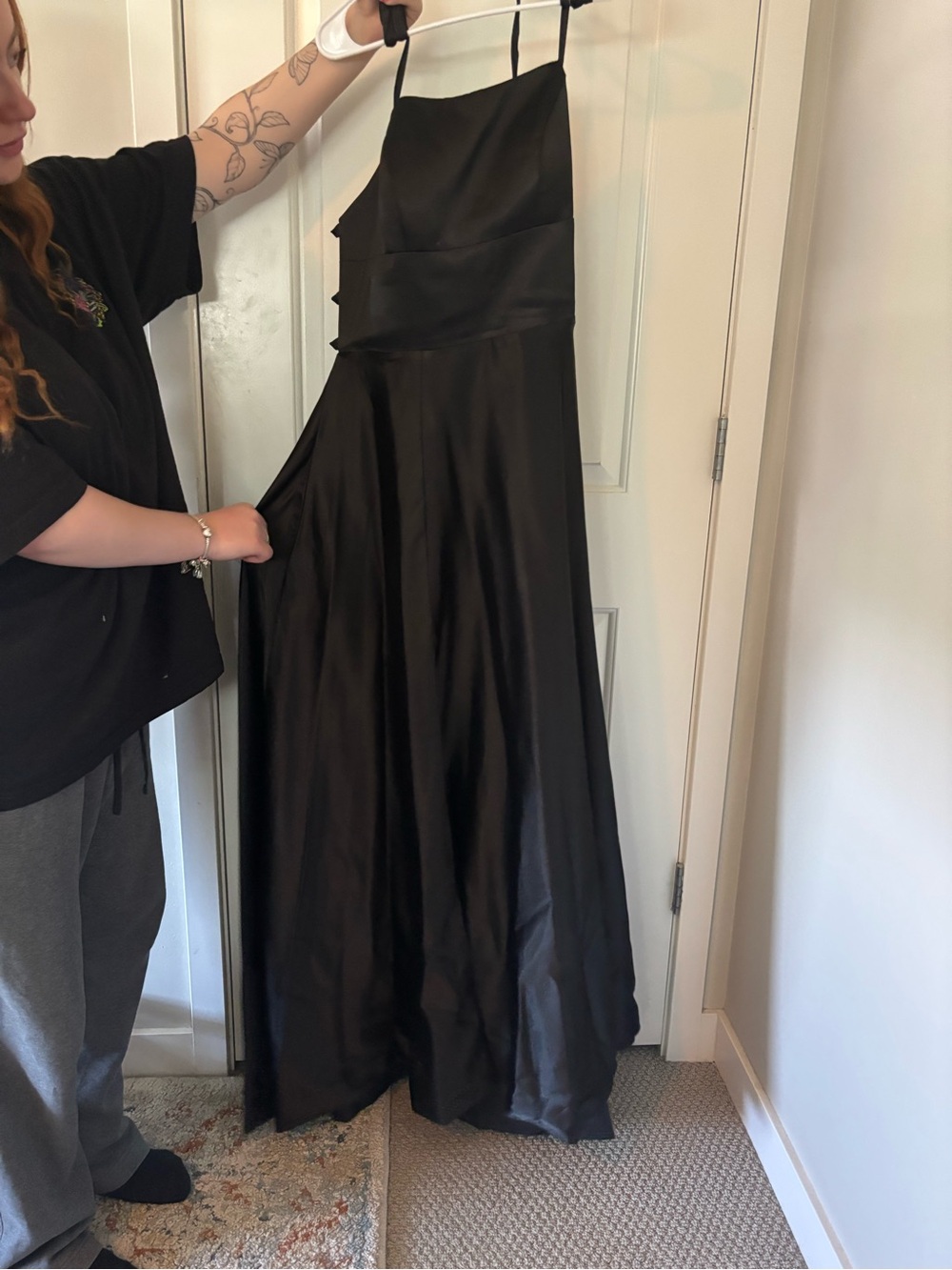 Black Satin Spaghetti-Strap Evening Dress